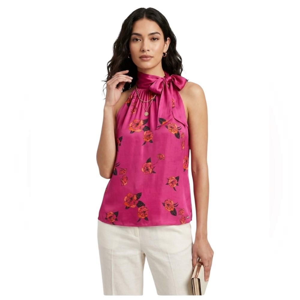 Banana Republic Satin Floral Fuchsia Pink Halter Neck Blouse Top Large